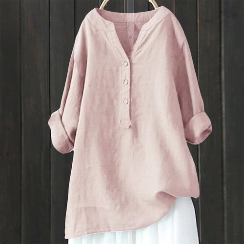 Plus Size Womens Long Sleeve Button V Neck Tunic Tops Casual Blouse Shirt Dress - Picture 23 of 32