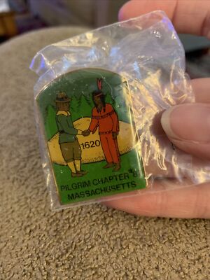 Vintage Pilgrim Chapter 87 Massachusetts Gold Tone Enamel Lapel Pin (GW10)