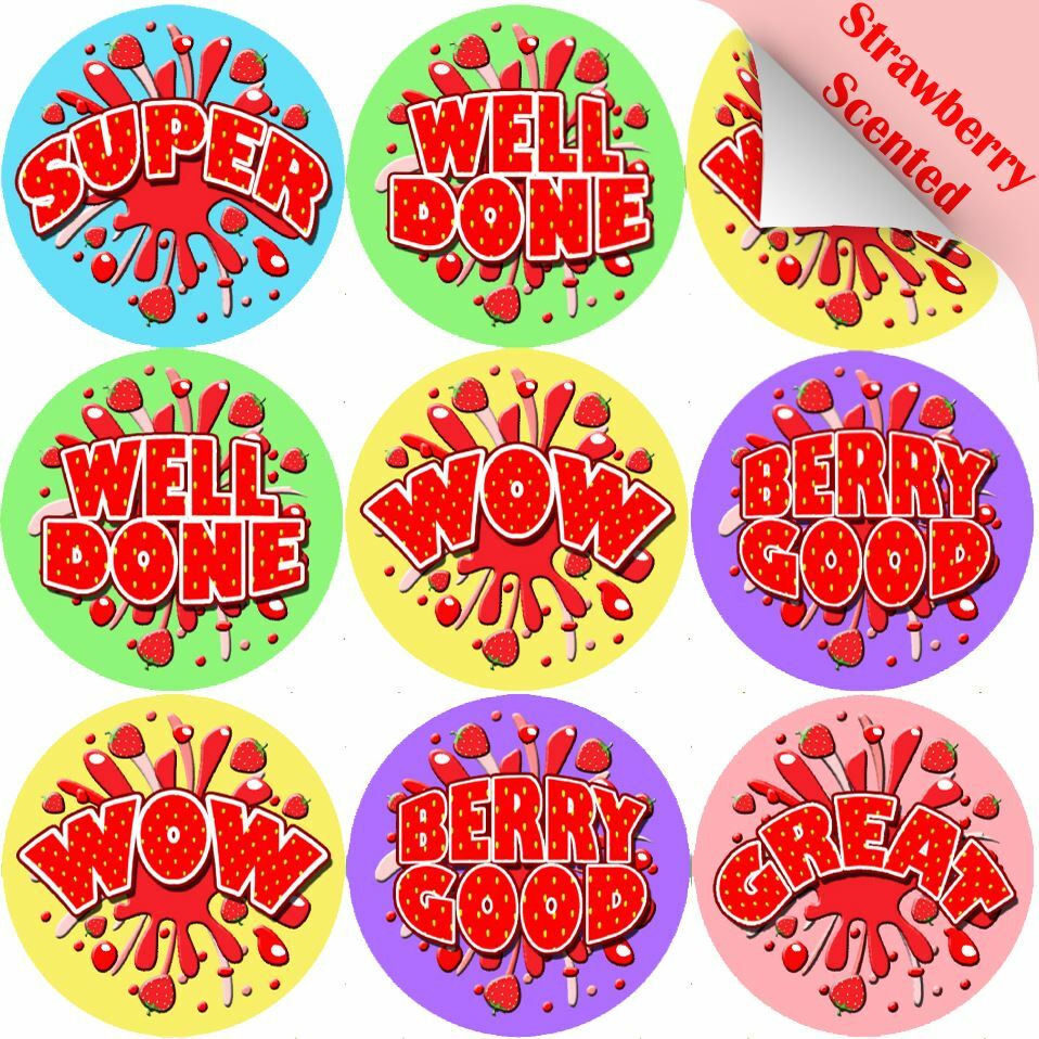 120 Strawberry Burst 30mm Scented Reward Stickers for Teachers or Party Bags