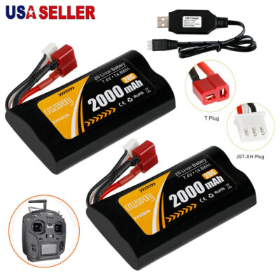 2x 2000mah Li-ion Battery 7.4V 20C T Plug+USB Charger for RC Car Off Road Truck
