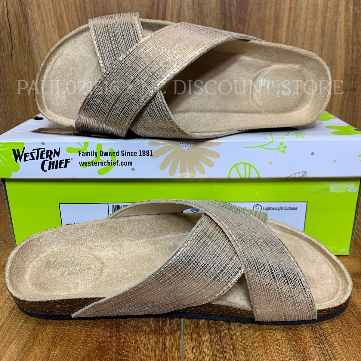 WESTERN CHIEF Women s Metallic Cross Sandals Gold Various Sizes