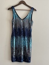 Y2K Charlotte Russe Blue Full Sequin Mini Dress Sz Medium Lined V Neck Party
