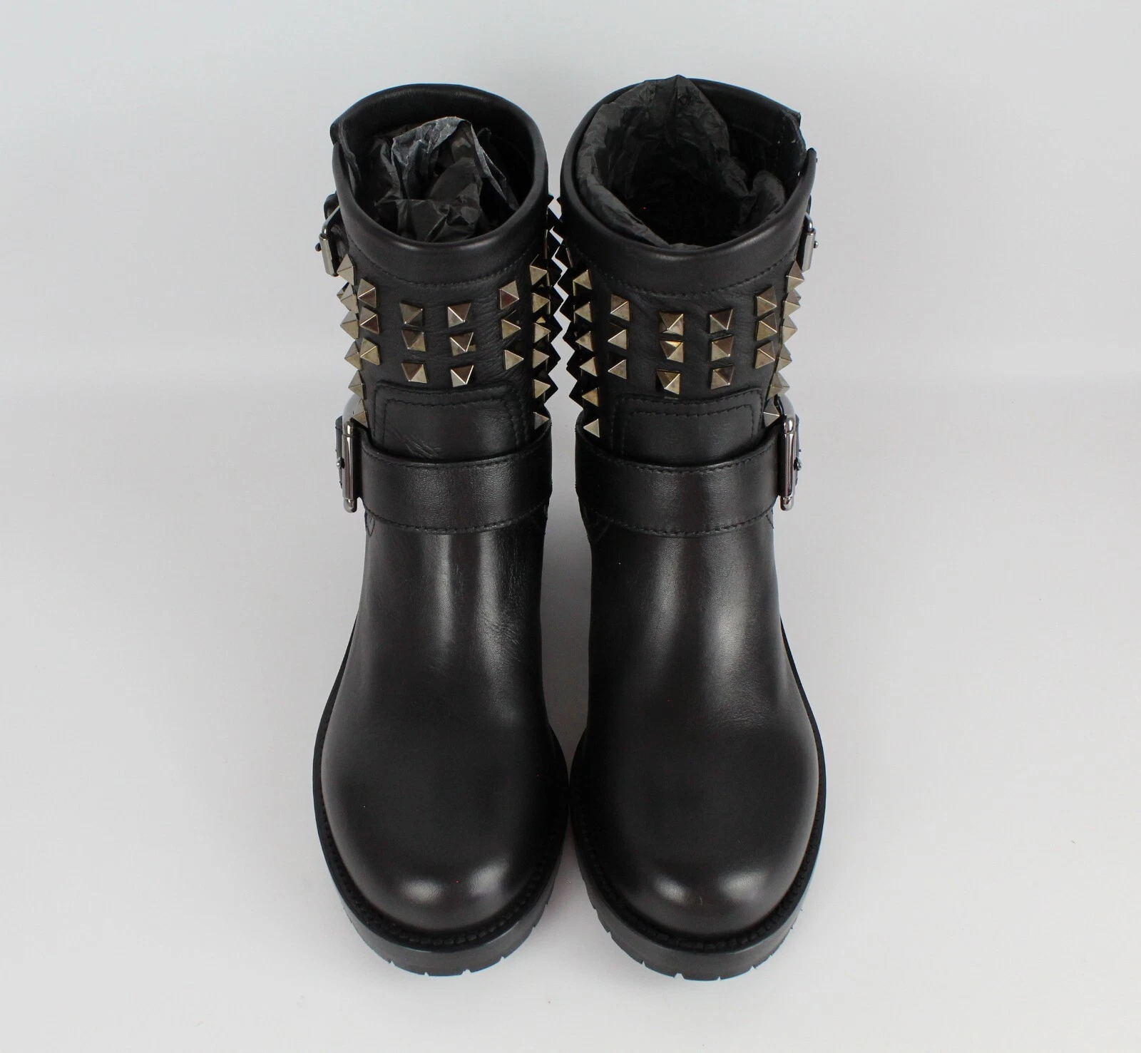 NUOVI Stivali Biker Valentino Garavani Neri Rockstud in Pelle Nero EUR 36 5