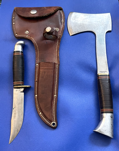 Vintage Western Boulder Colo USA L66 Knife Hatchet Axe Combo With Leather Sheath