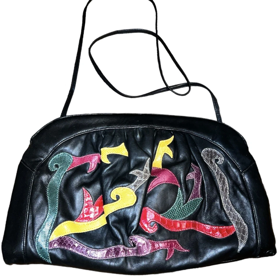 Bolso de hombro/cartera de mano vintage años 80 VENETTO by AMI KAHN con apliques de cuero negro Foto 2 de 4