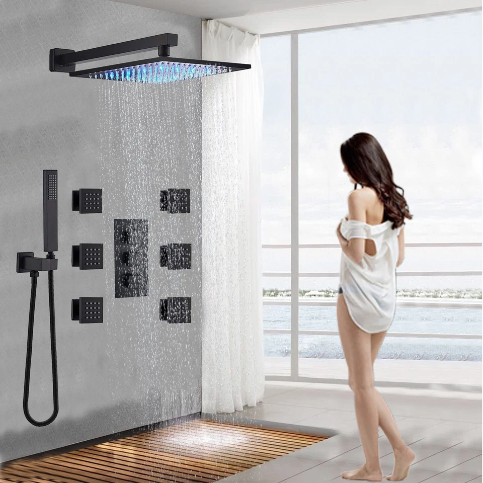 Black 16" LED Rain Shower Faucet Set Thermostatic Valve Massage System Combo Kit - Image 3 of 4