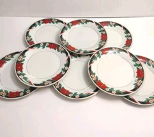 8 Tienshan DECK THE HALLS 7-1/2" Salad Lunch Plates Set Christmas Poinsettia 