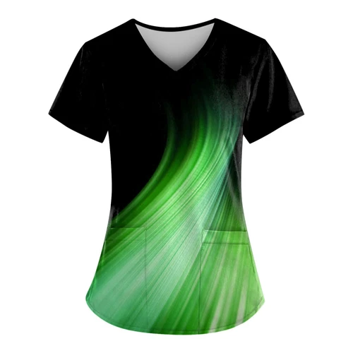 Plus Size Print Working Uniform Tops Women V-Neck Short Sleeve Workwear Pockets - Picture 55 of 69