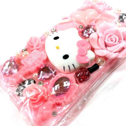 Hello Kitty Pink Galaxy S5 Phone Case Bling Hearts Bow Flowers Pearls Jewels New - Afbeelding 1 van 12