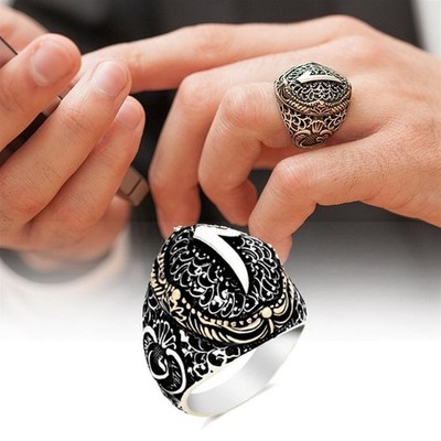Solid 925 Sterling Silver Vav Elif Arabic First Letter Oval Men's Ring
