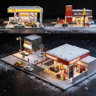 Diorama 1/64 Diecast Car Garage Model City LED Street Building Gas Station Scene