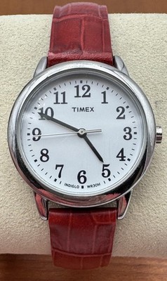 Timex Watch Womens 33mm White Dial Red Leather Indiglo WR30M Quartz Analog