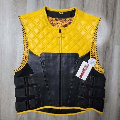 Gelbe Leder Motorradweste mit seitlichen Trägern / gelbe Paisley Futter Weste