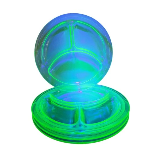 Vintage Set of 4 Depression Uranium Vaseline Glass Green Divided Plates 9"