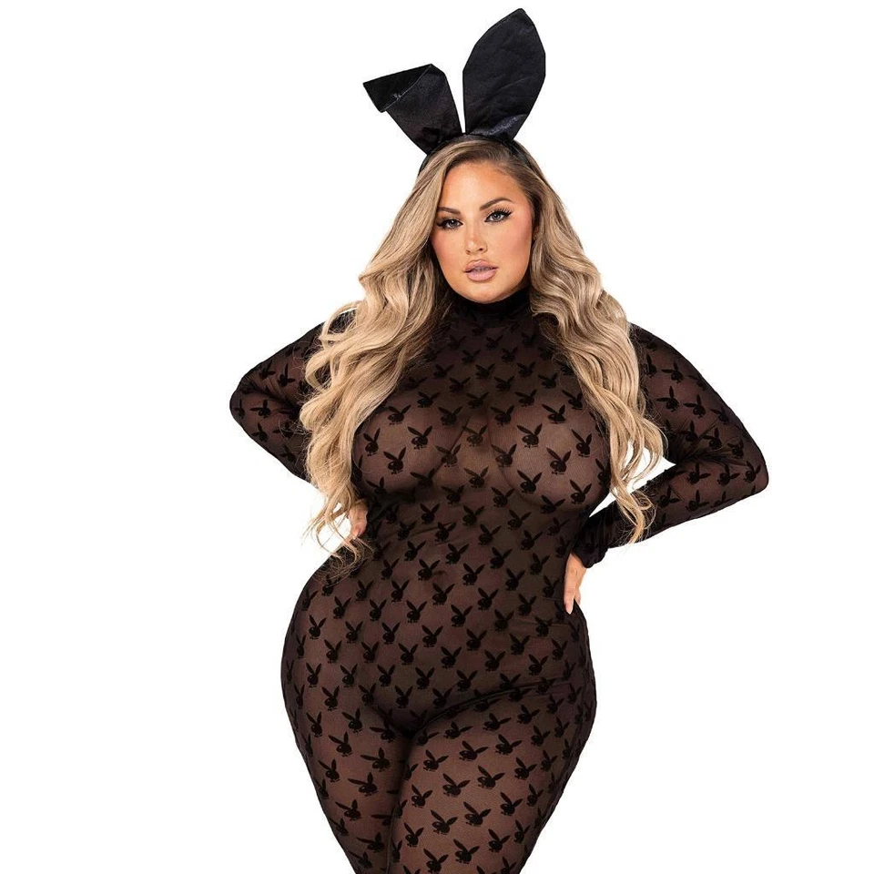 Playboy Conejito Catsuit Transparente Flocado Logo Cremallera Orejas de Conejo Conjunto de Disfraz PB112 Foto 3 de 4