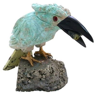 3 Pound 10 Ounce Carved Turquoise Quartz Kingfisher Bird & Fish Pyrite Base EB50