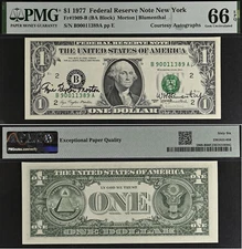 1977 $1 Federal Reserve Note - PMG 66EPQ - Dual Autograph - Morton / Blumenthal