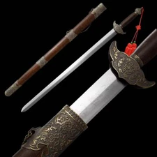 Chinese KUNGFU Tai Chi Han Jian Practice Sword Carbon Steel Carved Dragon Blade