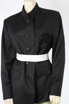 Vintage Black Crepe Mandarin Collar Satin Rose Corsage Crop Blazer Formal Size L