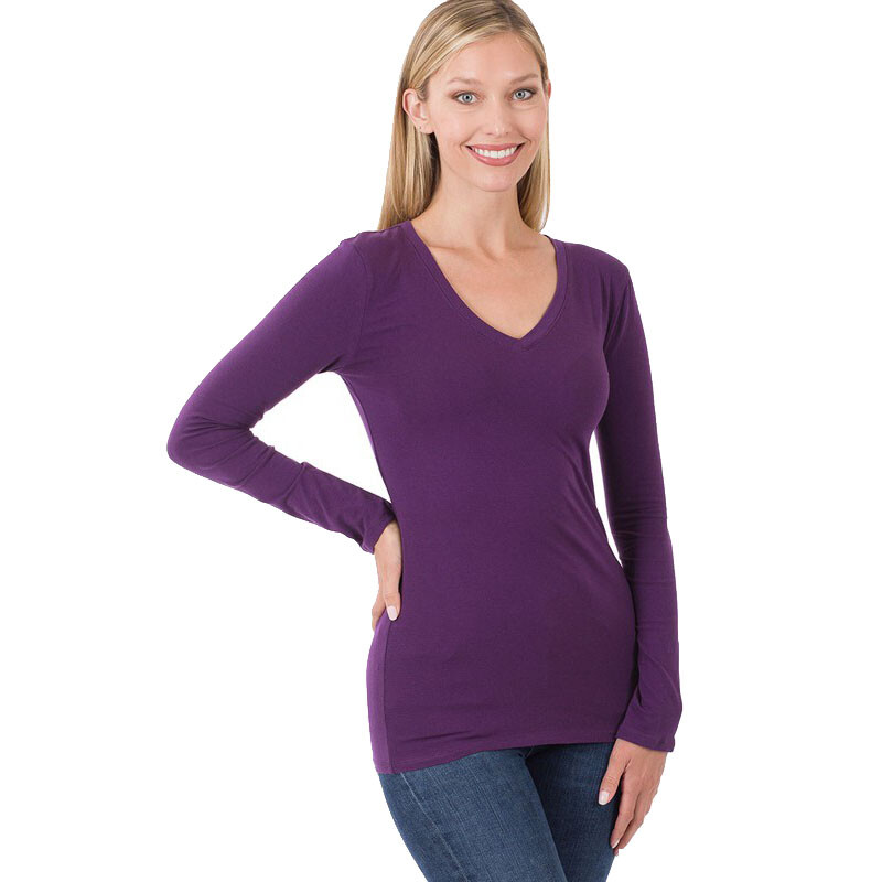 (Zenana Outfitters) VNeck Long Sleeve T Shirt Basic Plain Solid Cotton