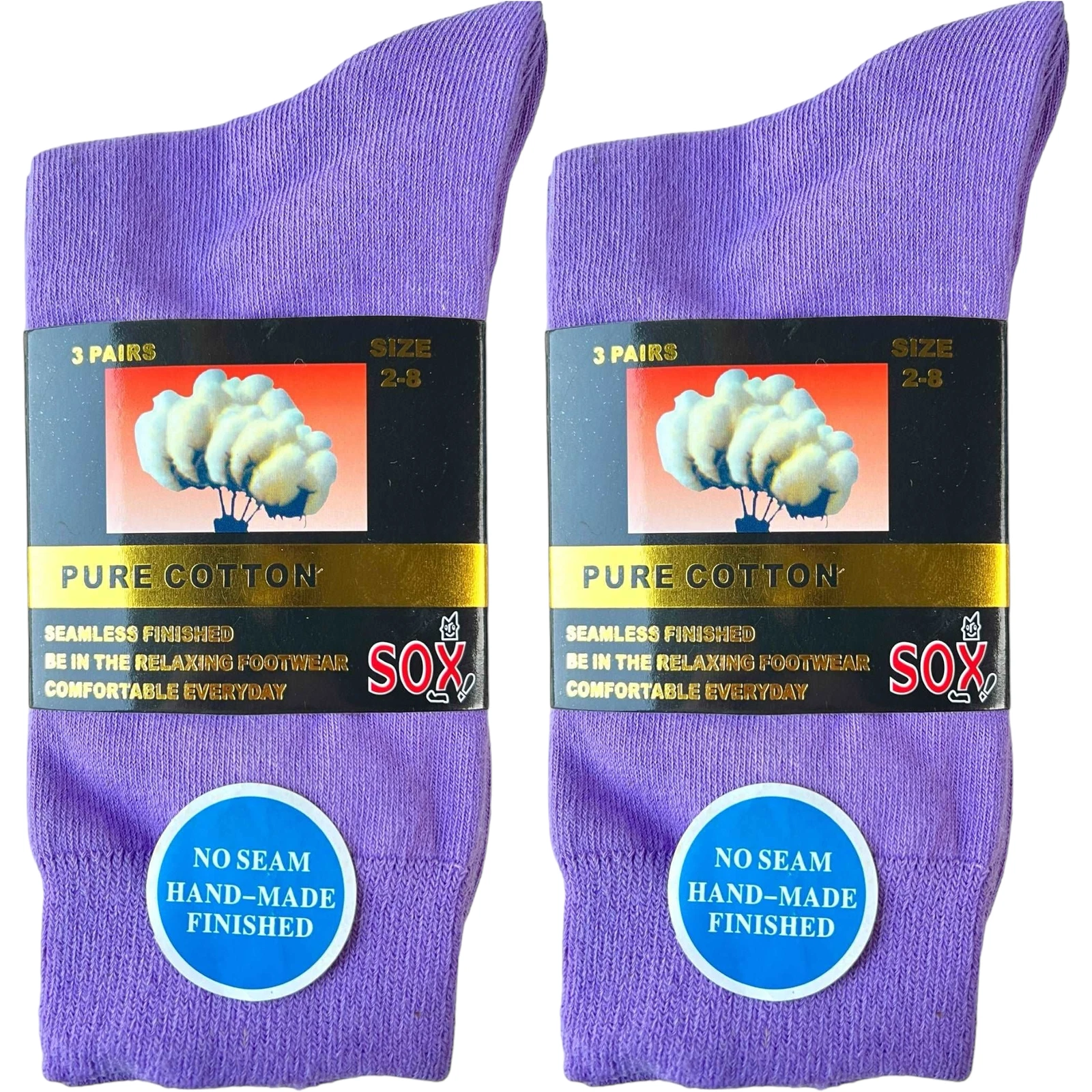 6 Pairs Purple Seamless Pure Cotton Crew Socks Office Dress Casual Breathable Fi