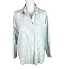Vintage Gitano Express Button Up Shirt Women Large Blue Striped Floral Embroider