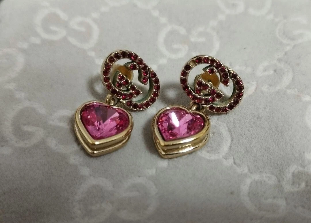 GUCCI Interlocking G Earrings Heart Pink Rhinestone with bag 33
