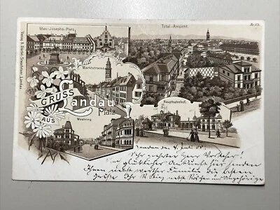1900 Litho AK Gruss aus Landau Pfalz Bahnhof Westring / Rhein Neckar - Bild 1 von 2