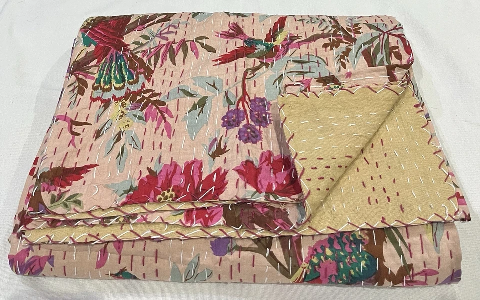 Indian Kantha Quilt Bedspread Bedding Throw Cotton Blanket Bird Print Hand Block - Image 2 of 4