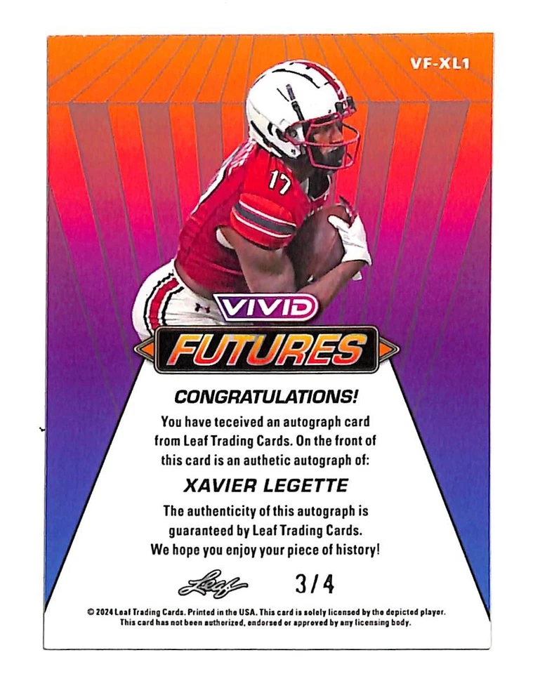 Xavier Legette 2024 Leaf Vivid Futures Auto Rookie Card RC 3/4 - Image 2 of 2