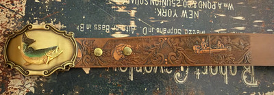 Vintage 1970's Embossed Leather Fisherman Belt w Raintree Trout Belt Buckle JOHN