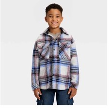 NWT Cat Jack Boys Shirt Jacket/ SHACKET Size S 6/7 Grey Burgundy Blue Plaid