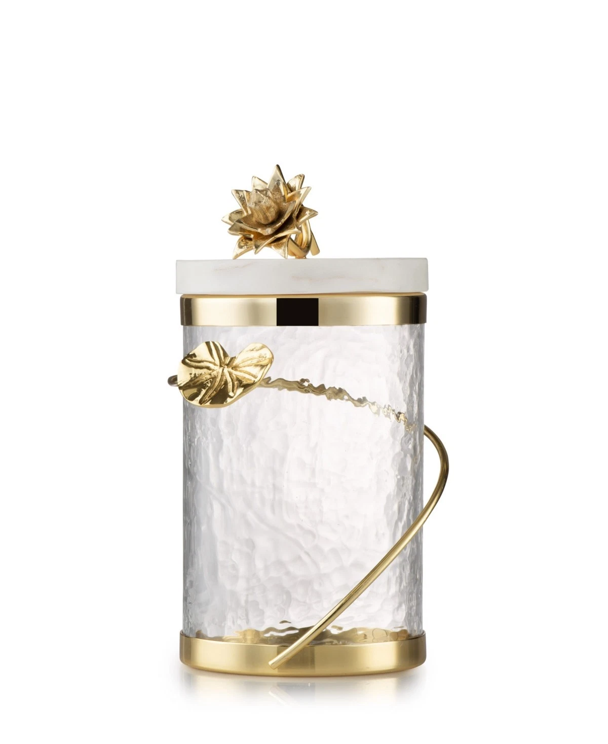 Canister with Gold Heart Detail and Real Marble Lid/Flower Knob 8 & 3/4" Tall
