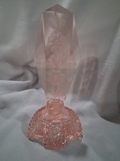 VTG Marked Pink Etched Floral Czech Perfume Bottle w/ Intact Dauber