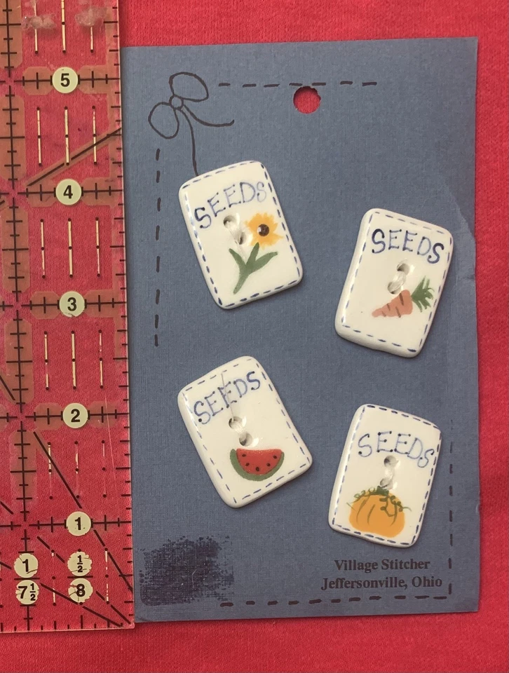 *VTG* ceramic buttons set (4) by Village Stitchers “seeds packets” NEW on card. - Image 3 of 3