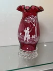 10" Fenton Mary Gregory on Ruby Red Glass Hurricane lamp Hand Painted S. Jackson