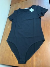 Mangopop Women's Round Neck Short Sleeve Bodysuit Jumpsuit Medium Black