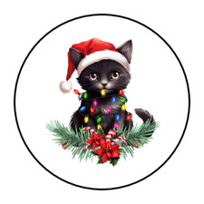 30 Christmas black cat envelope seals, stickers labels, tags, round
