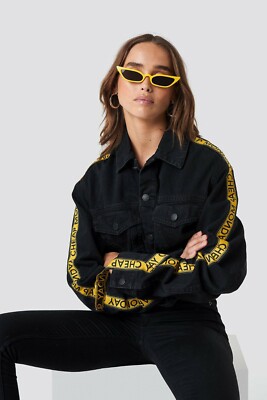 Cheap Monday Women's Black Denim Crop Jacket with Yellow Logo Tape, S/8/36 BNWT