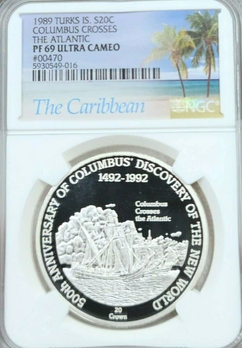 1989 TURKS SILVER 20 CROWNS CROSSING THE ATLANTIC NGC PF 69 ULTRA CAMEO TOP POP