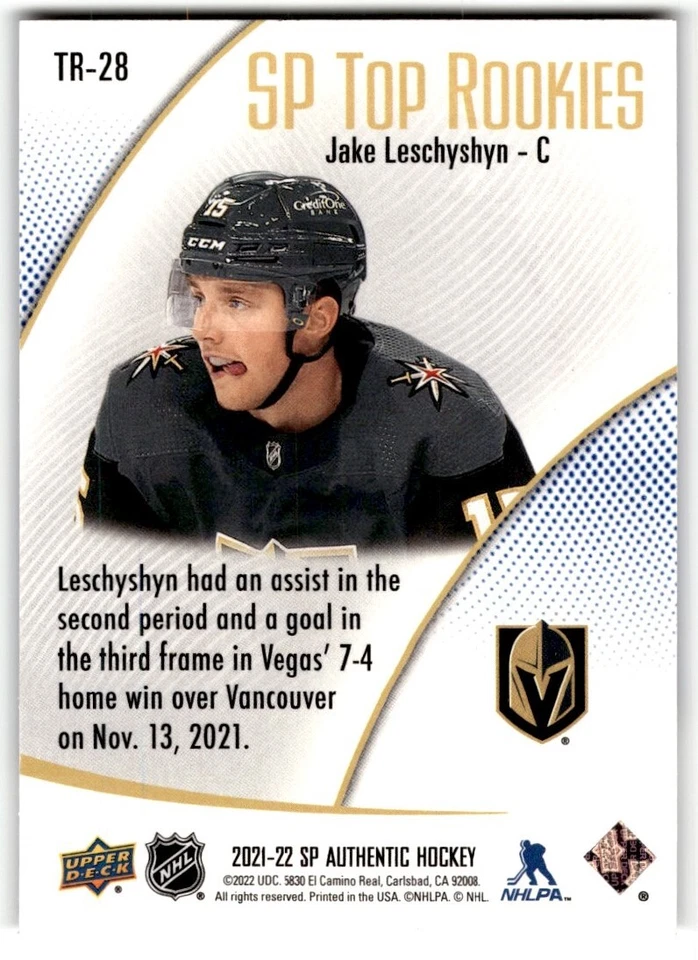 2021-22 SP Authentic Top Rookies Blue Jake Leschyshyn Rookie #TR-28 - Image 2 of 2