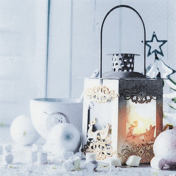 20 Servietten White Lantern Laterne Licht Weihnachten Winter Tischdeko 33X33Cm-image