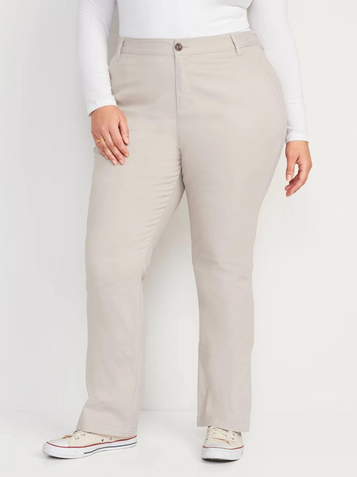 Old Navy Wow Flare Chino Pants Womens 18 Petite Beige Adjust Waist Stretch NEW