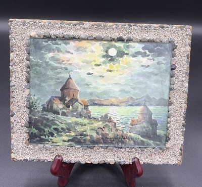 Armenian Sevanavank Monastery Lake Sevan Painting Unique Pebble Frame