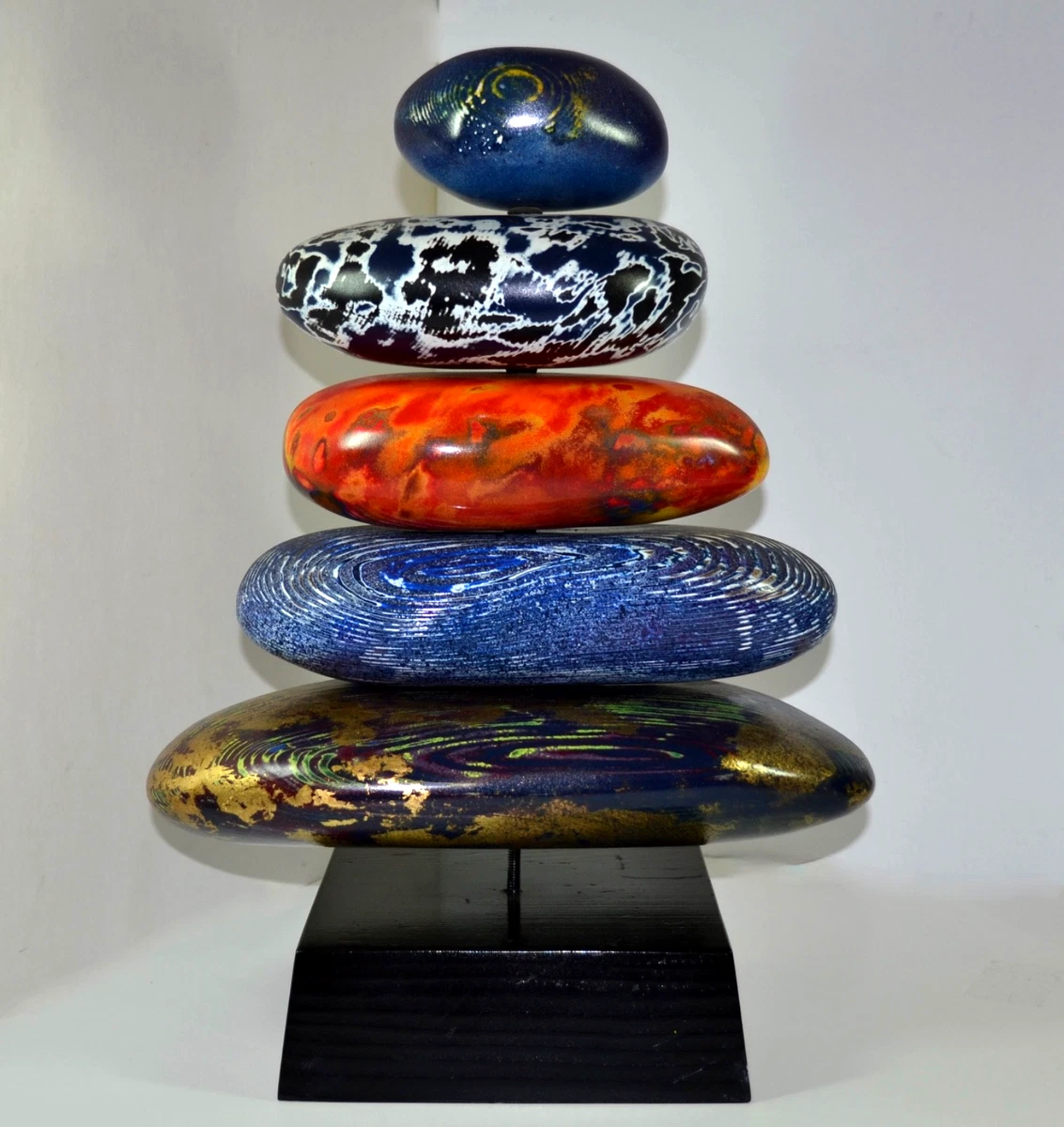 Signed M Takahashi Stacked/Wood/Stone/Painted Modernism Pohaku Abtract Sculpture