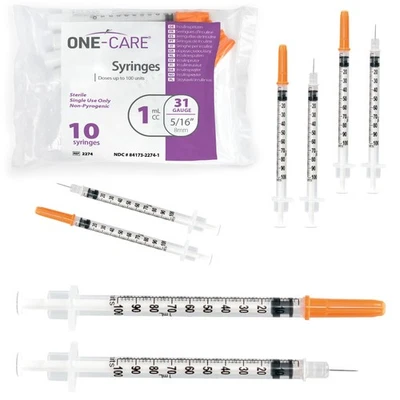 ONE-CARE Syringes 1 ml/cc, 31G x 5/16’’ 8mm, Orange Cap, 10 pcs/bag