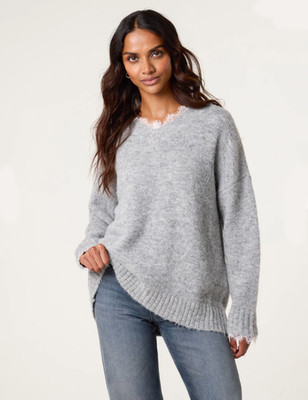 Damen Wollmischung Oversize Spitzenkante Weicher Strick V-Ausschnitt Pullover. ''