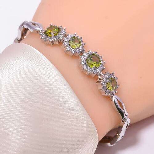 Peridot & Cubic Zirconia 925 Sterling Silver Tennis Bracelet 7" B_9703_1044_13
