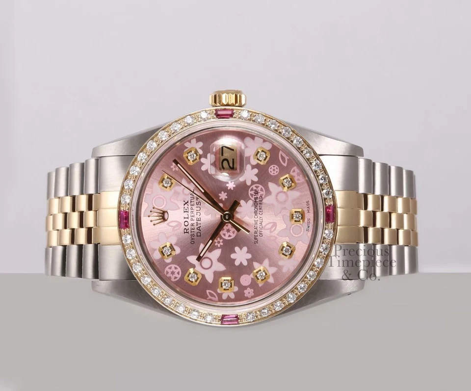 Rolex Datejust 36mm TT/SS 18k Ruby Diamond Bezel-Diamond Pink Floral Motif Dial - Image 4 of 4