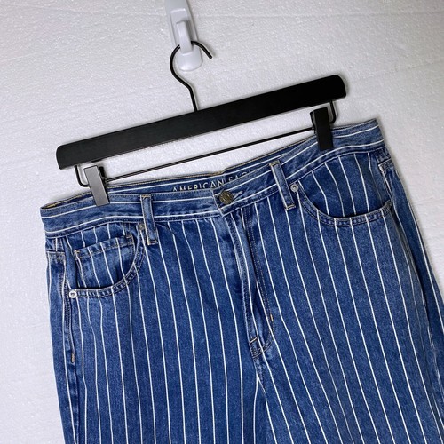 American Eagle Women's Size 12 Mom Jeans Striped Cuffed High Rise Blue Denim AEO - Picture 9 of 10